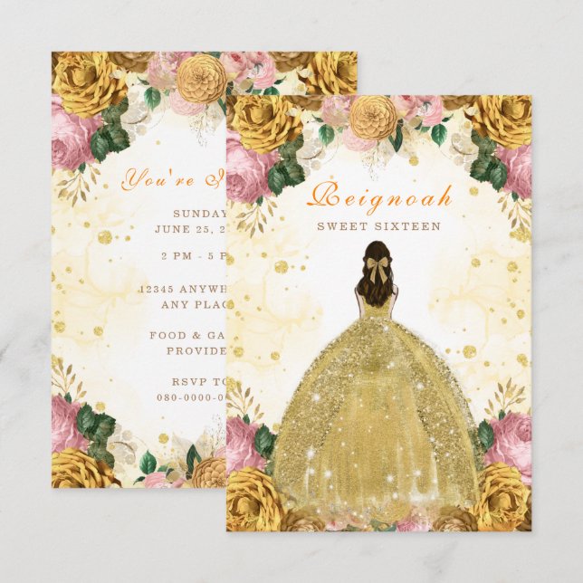 Sweet sixteen Jaune Carte Invitation Anniversaire (Devant / Derrière)
