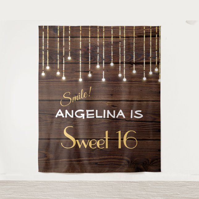 Sweet Sixteen Lights Wood Photo Booth Backdrop Tapestry (Front)
