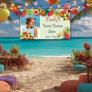Sweet Sixteen Luau, Red Hibiscus, Custom Banner