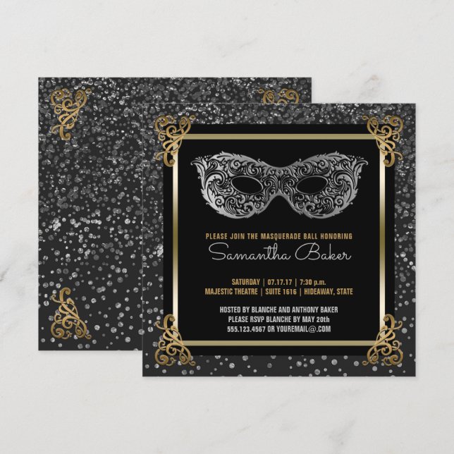Sweet Sixteen Masquerade Ball Sweet 16 Silver Gold Invitation (Front/Back)
