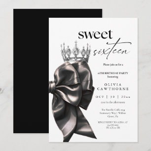 Sweet Sixteen Modern Elegant Black Bow Birthday Invitation