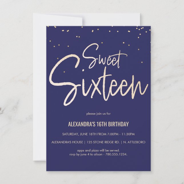 Sweet Sixteen Navy Blue & Gold Party Invitation (Front)