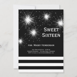 Sweet sixteen noir et blanc Fireworks Invitation