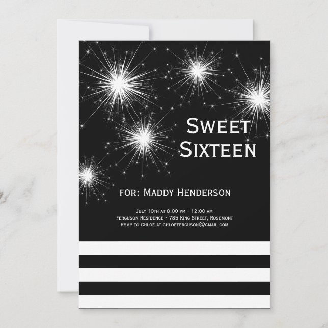 Sweet sixteen noir et blanc Fireworks Invitation (Devant)