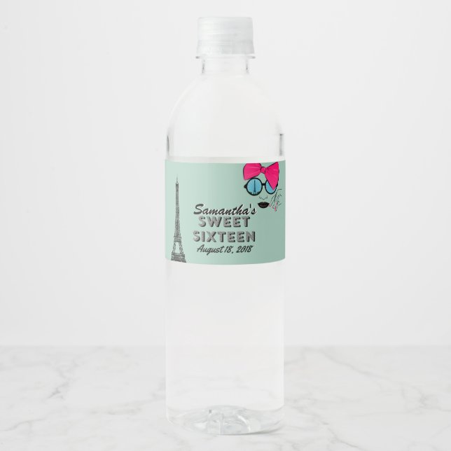 Sweet Sixteen Paris Birthday Water Bottle Label (Front)