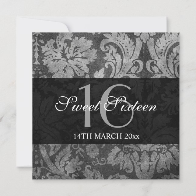 Sweet Sixteen Party Grey Vintage Pattern Invitation (Front)