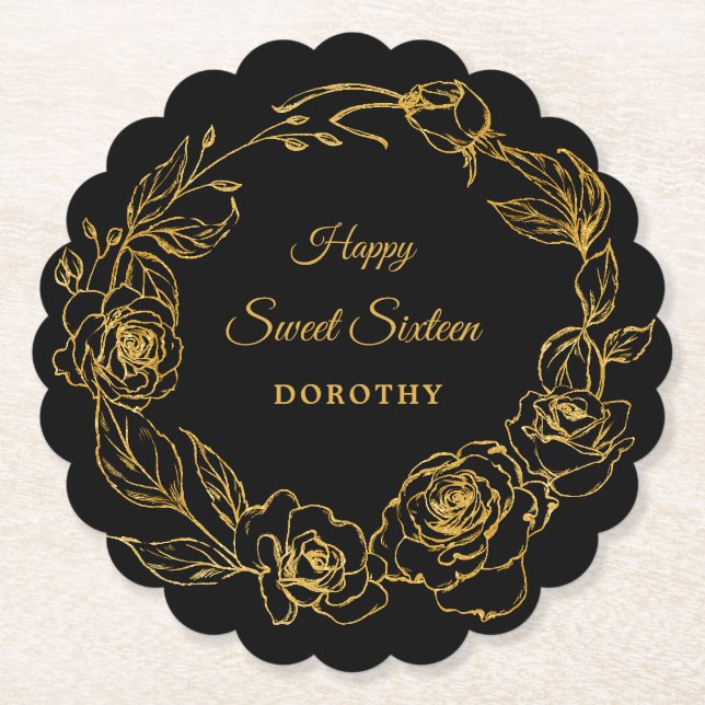 Sweet Sixteen Party Luxe Gold Rose Floral Black Paper Coaster (Front)