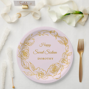 Sweet Sixteen Party Luxe Gold Rose Floral Pink Paper Plate
