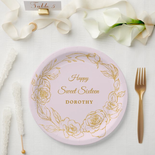 Sweet Sixteen Party Luxe Gold Rose Floral Pink Paper Plate (Wedding)