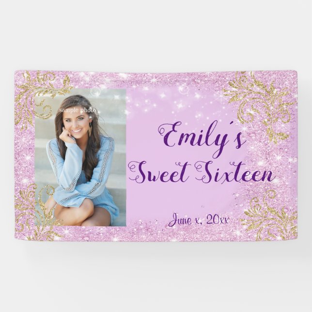 Sweet Sixteen Party, Pink Glitter, Custom Banner (Horizontal)