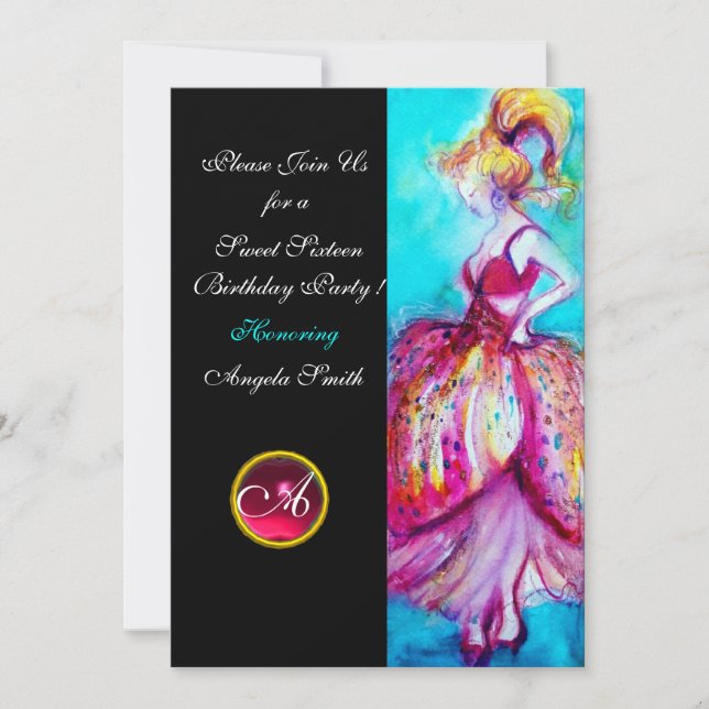 SWEET SIXTEEN PARTY,Red Pink Ruby Monogram Black Invitation (Front)