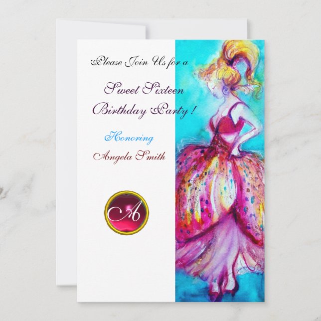 SWEET SIXTEEN PARTY,Red Pink Ruby Monogram Invitation (Front)