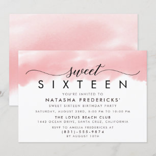 Sweet Sixteen Party Watercolor Pink Birthday Invitation