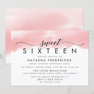 Sweet Sixteen Party Watercolor Pink Birthday Invitation