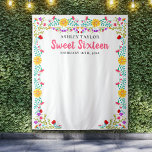 Sweet Sixteen Photo Backdrop Mexican Flowers White Tapestry<br><div class="desc">Floral Sweet 16 Party photo booth backdrop, personalized with your name and celebration date. This large white wall hanging is a great size for your photo backdrop, where you can take keepsake snaps of yourself and your guests. The Mexican Fiesta flowers make a pretty frame for your photo background. This...</div>