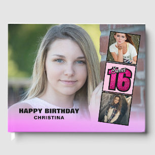 Sweet Sixteen Photo Collage Hot Pink Glitter Guest Book