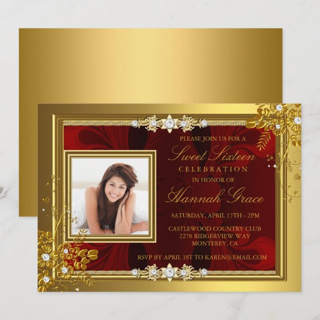 Sweet sixteen photo floral or et rouge Invitation (Devant / Derrière)