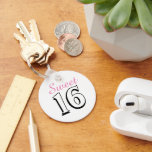 Sweet Sixteen Pink 16th Birthday Party Favour Keychain<br><div class="desc">Celebrate your special occasion with this sweet 16 birthday party favour.  Change the font and colours of the text to your liking. Other colours and patterns are available. Just contact us if you'd like something customized just for you.</div>