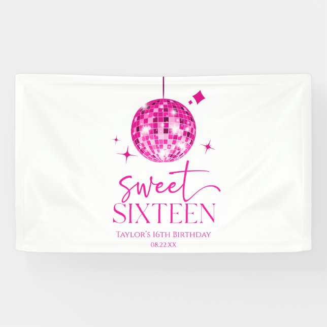 Sweet Sixteen Pink Disco Ball 16th Birthday Party Banner (Horizontal)