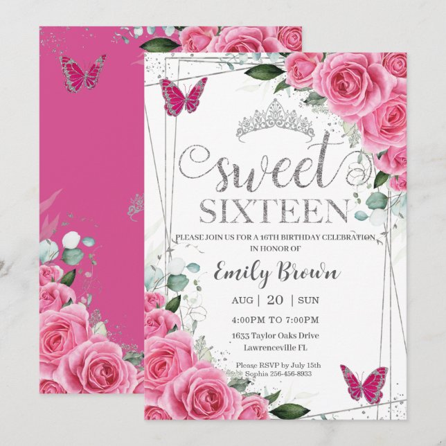 Sweet Sixteen Pink Fuchsia Floral Silver Butterfly Invitation (Front/Back)