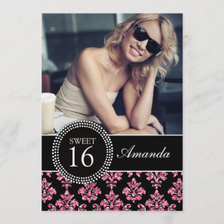SWEET SIXTEEN, PINK GLITTER, BLACK DAMASK INVITATION