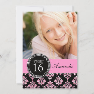 SWEET SIXTEEN, PINK GLITTER, BLACK DAMASK INVITATION