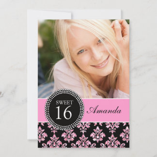 SWEET SIXTEEN, PINK GLITTER, BLACK DAMASK INVITATION