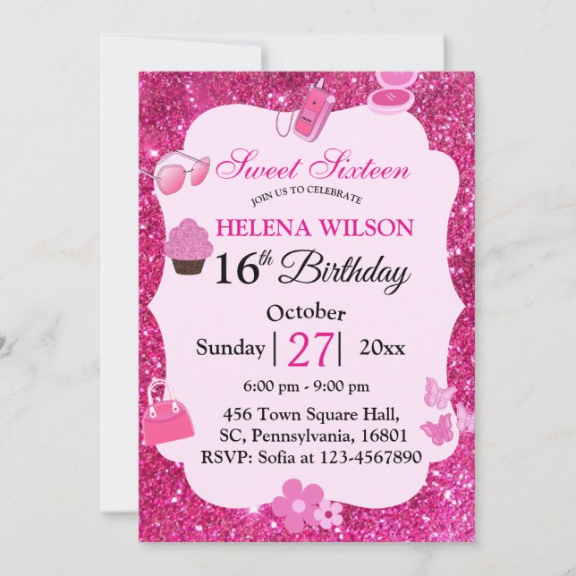 SWEET SIXTEEN PINK GLITTER MAKEUP BIRTHDAY  INVITATION (Front)