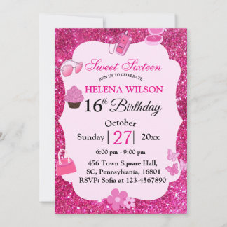 SWEET SIXTEEN PINK GLITTER MAKEUP BIRTHDAY  INVITATION