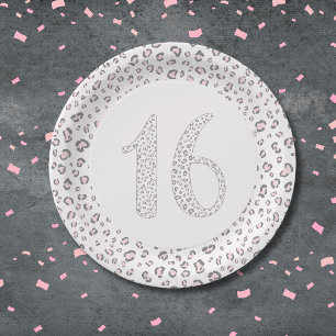 Sweet Sixteen Pink Gray Leopard Pattern Paper Plate
