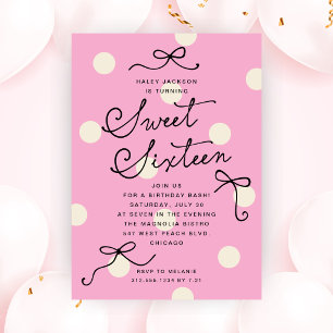 Sweet Sixteen Pink Modern Stylish Bows Invitation