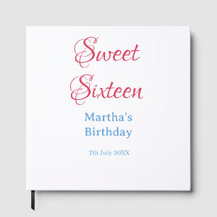 Sweet Sixteen pink name date calligraphy boho blue Guest Book