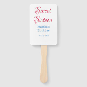 Sweet Sixteen pink name date calligraphy boho blue Hand Fan