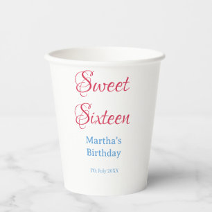 Sweet Sixteen pink name date calligraphy boho blue Paper Cups
