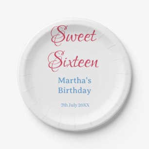 Sweet Sixteen pink name date calligraphy boho blue Paper Plate