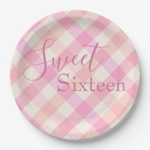 Sweet Sixteen Pink Plaid Watercolor Paper Plate