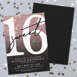 Sweet Sixteen Pink Rose Gold Glitter 16th Birthday Invitation<br><div class="desc">Pink and Black Rose Gold Glitter Sweet Sixteen Birthday Party Invitation. Celebrate turning sixteen in style with this bold and chic design. The top half features a large white “16” with a sassy handwritten black script “Sweet” layered over it, standing out against a faux rose gold glitter background that fades...</div>