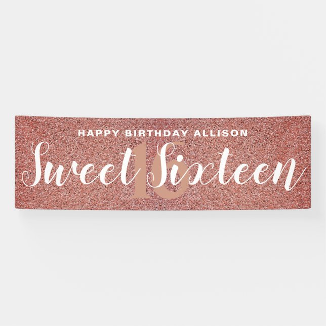 Sweet Sixteen Pink Rose Gold Glitter Personalized Banner (Horizontal)