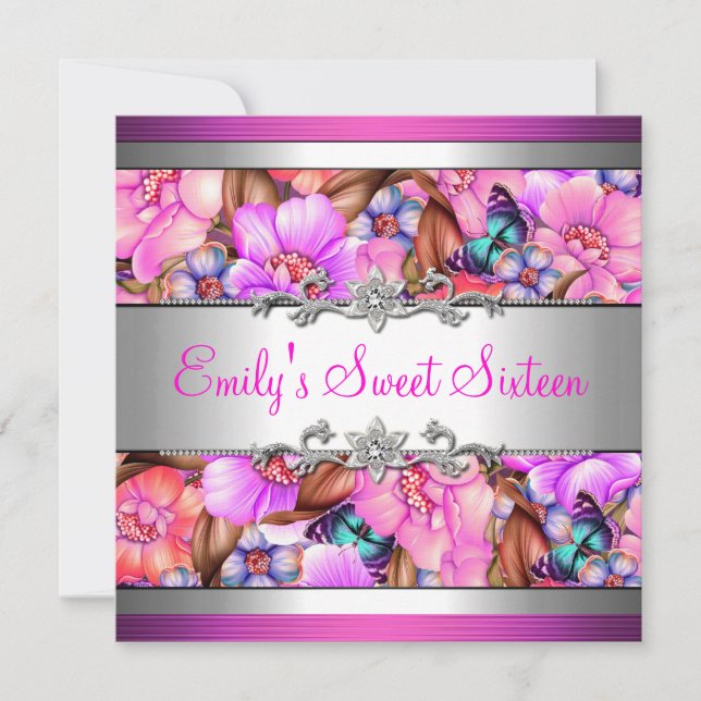 Sweet Sixteen Pink Silver Floral Diamond jewel Invitation (Front)