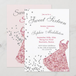 Sweet Sixteen Pink Sparkle Elegant Modern Birthday Invitation