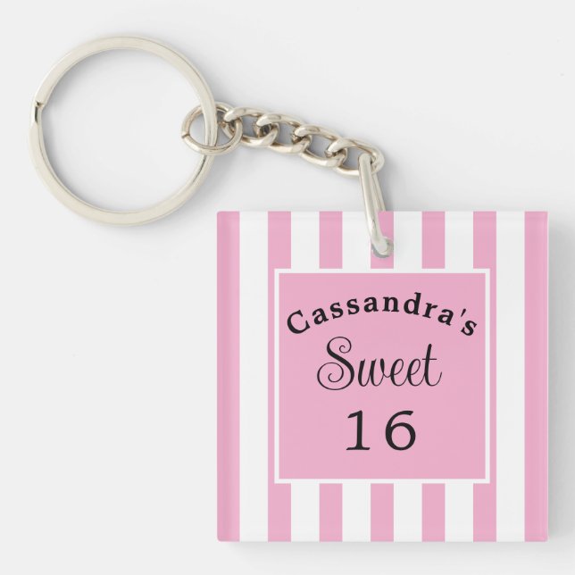 Sweet Sixteen Pink Stripe Classic Chic Keychain (Front)