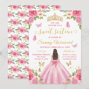 Sweet Sixteen Princess Pink Floral Gold Tiara Invitation