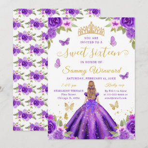 Sweet Sixteen Princess Purple Floral Gold Tiara Invitation