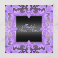 Sweet Sixteen Purple Damask Design Birthday Invite