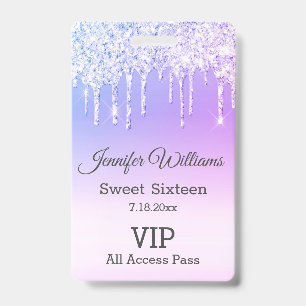 sweet sixteen purple dripping glitters vip pass badge