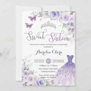 Sweet Sixteen Purple Floral 16th Birthday Dress Invitation