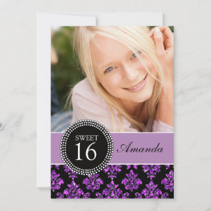 SWEET SIXTEEN, PURPLE GLITTER,  BLACK DAMASK INVITATION