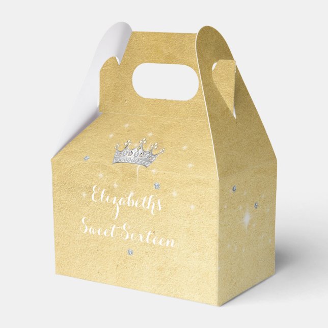 Sweet Sixteen Quinceanera Gold Princess Crown Favor Box (Front Side)
