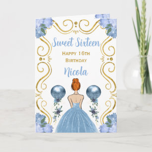 Sweet Sixteen Red Hair Princess Blue Birthday Card
