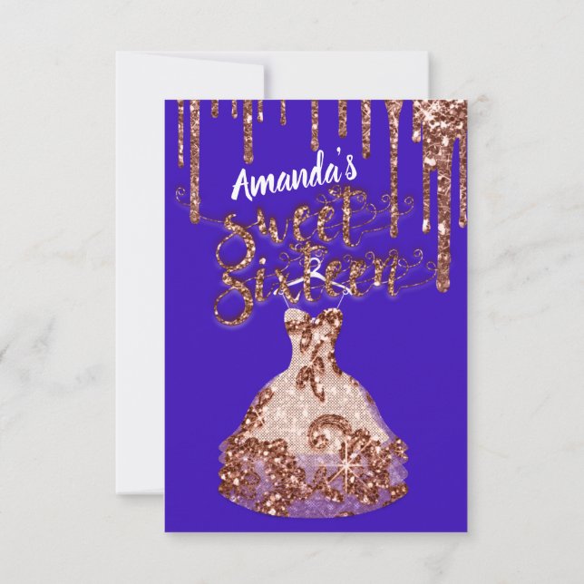 Sweet Sixteen Rose Dress Glitter Drip Black Blue Invitation (Back)
